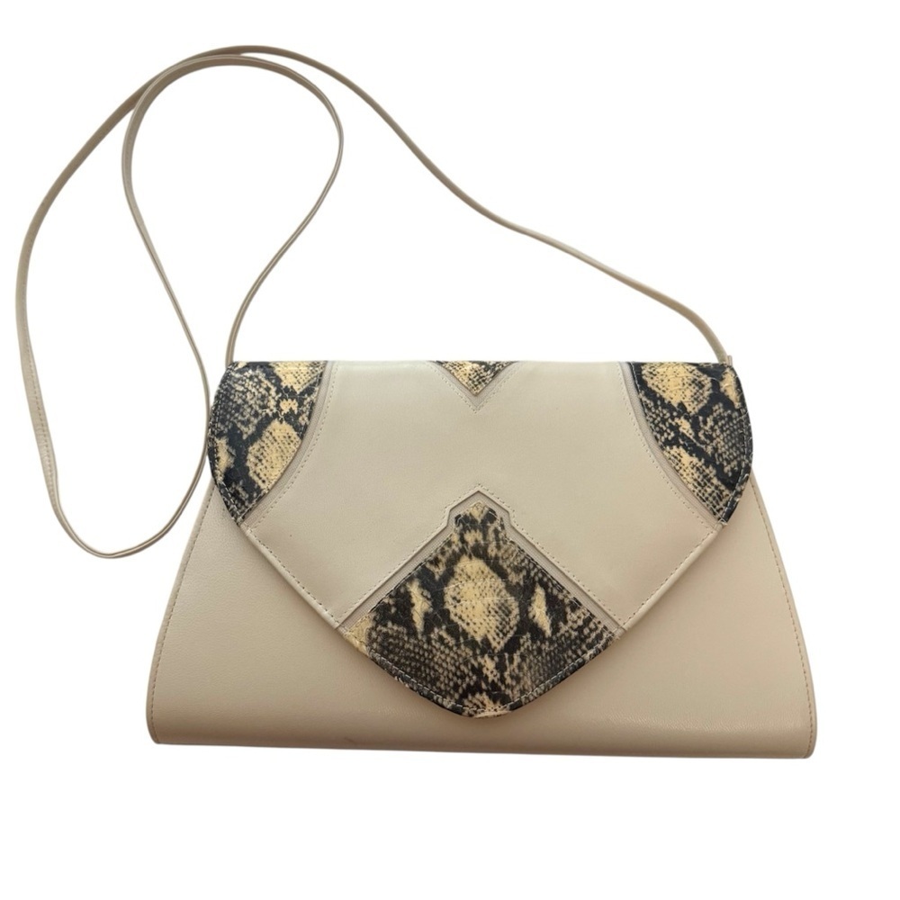 Neutral Snakeskin Accent Crossbody Bag | Beige Envelope Minimalist Shoulder - Picture 2 of 10